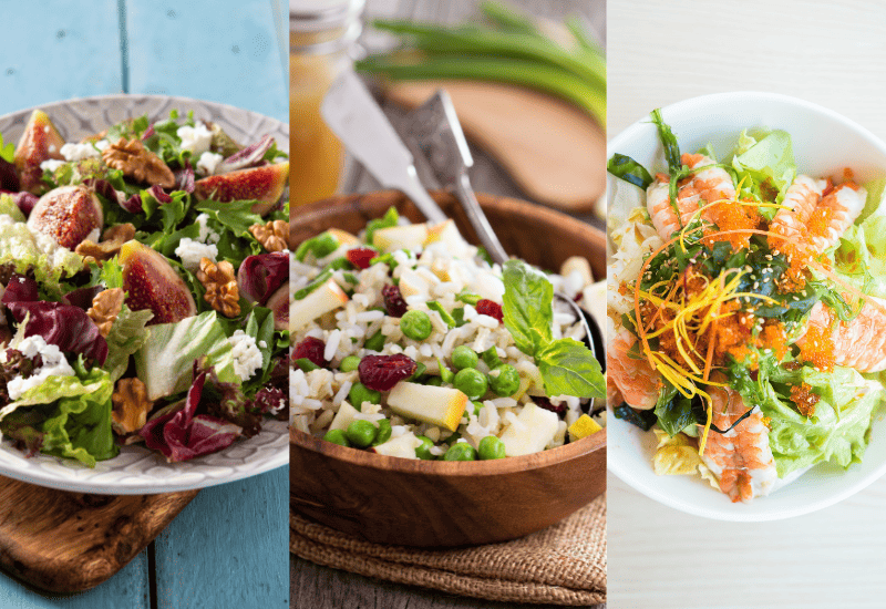 Trzy sałatki bezglutenowe na imprezę: sałatka z figami, serem kozim i orzechami, sałatka ryżowa z jabłkiem, groszkiem i żurawiną oraz sałatka z krewetkami w stylu azjatyckim.