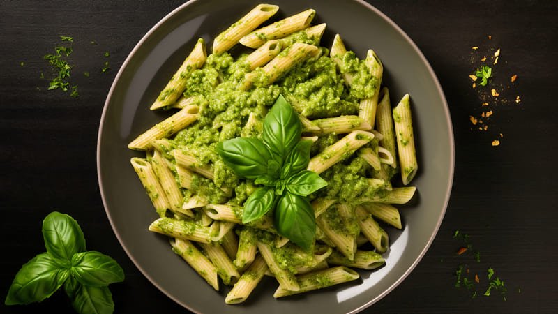Makaron bezglutenowy z pesto i kurczakiem zdjęcie makaronu kukurydzianego "pióra" z dodatkiem zielonego pesto i udekorowany pęczkiem bazylii w ciemnej misce na czarnym tle