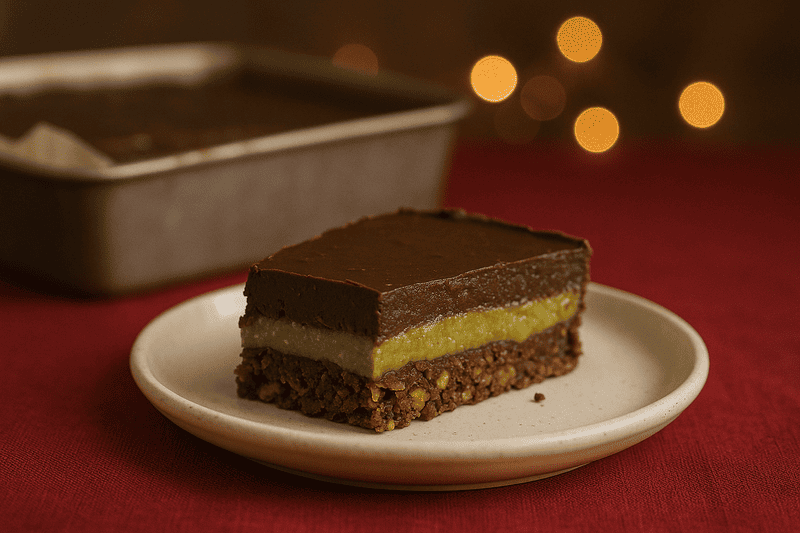 Bezglutenowe ciasto dubajskie z czekoladą i pistacjowym nadzieniem, ukrojony kawałek na jasnym talerzu, widok od boku pokazujący warstwy czekolady, kremu pistacjowego i chrupiącej bazy zamiast kataifi.