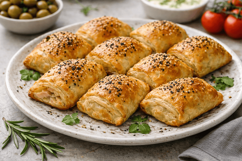 Wytrawne przekąski z bezglutenowego ciasta francuskiego – zamknięte roladki z serem i warzywami, ułożone nieregularnie na ceramicznym talerzu, podane w naturalnym świetle.