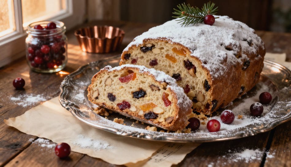 keks (1) (1) (1) Bezglutenowy keks z bakaliami oprószony cukrem pudrem, przekrojony na pół i podany na metalowej paterze, z widocznymi orzechami, żurawiną i suszonymi owocami.