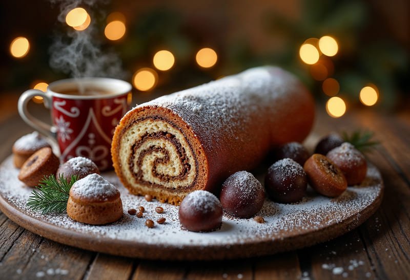 Bezglutenowy makowiec zawijany posypany cukrem pudrem, podany na drewnianej desce w świątecznej aranżacji, z widoczną spiralą maku, w tle filiżanka gorącej herbaty i rozmyte świąteczne światełka.