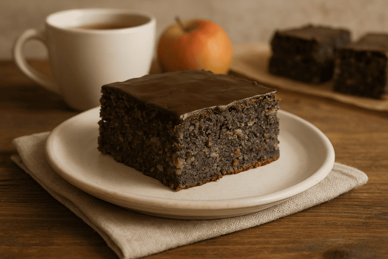 Makowiec japoński bezglutenowy z polewą czekoladową, podany na talerzyku przy filiżance herbaty na drewnianym stole, w naturalnej domowej aranżacji.