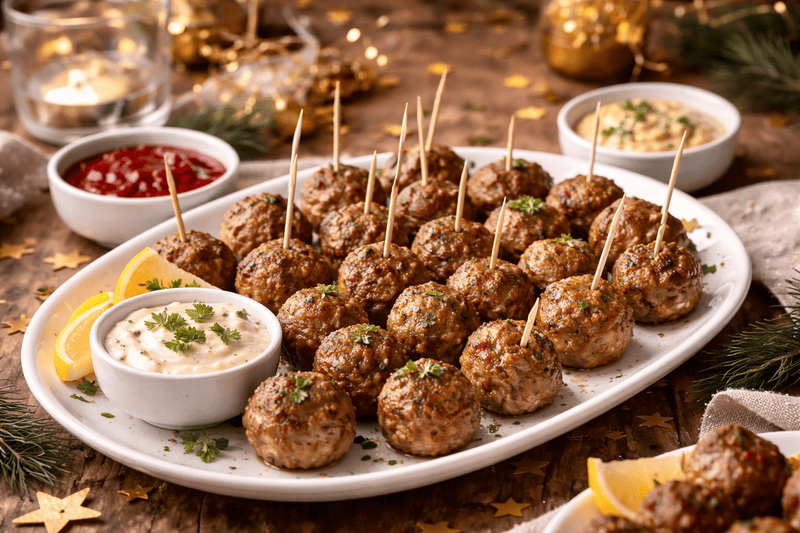 Mini pulpeciki imprezowe podane na białej paterze z wykałaczkami, sosami do maczania i cytryną, ustawione na sylwestrowym stole w domowym klimacie.