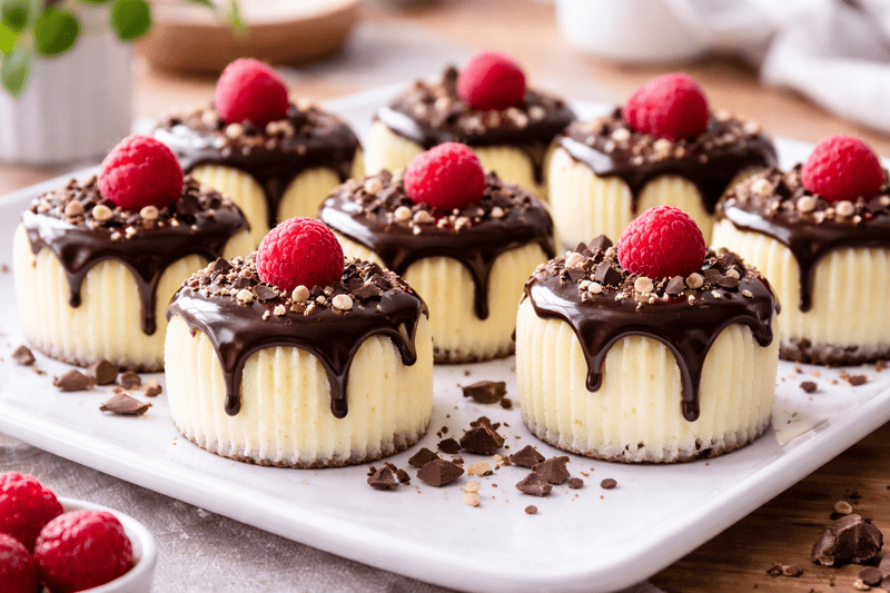 Mini serniczki bezglutenowe bez spodu z kremową masą z sera z wiaderka, polane gorzką czekoladą, podane na domowym stole w naturalnym świetle.