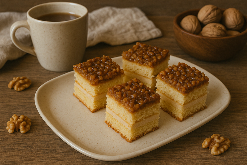 Bezglutenowy orzechowiec pokrojony na nierówne kawałki, ułożony na talerzu na drewnianym stole, w domowym otoczeniu z kubkiem kawy i orzechami włoskimi.