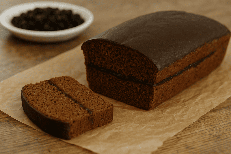 piernik Bezglutenowy piernik świąteczny przecięty w poprzek i przełożony cienką warstwą powideł śliwkowych, ułożony na papierze do pieczenia na drewnianym stole