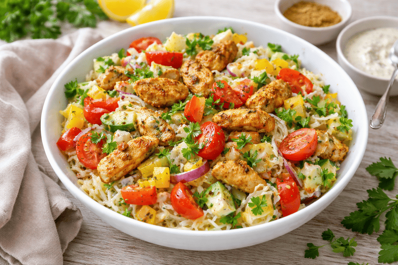 Bezglutenowa sałatka z kurczakiem w stylu gyros z makaronem ryżowym, warzywami i kremowym sosem, podana w misce na drewnianym stole.