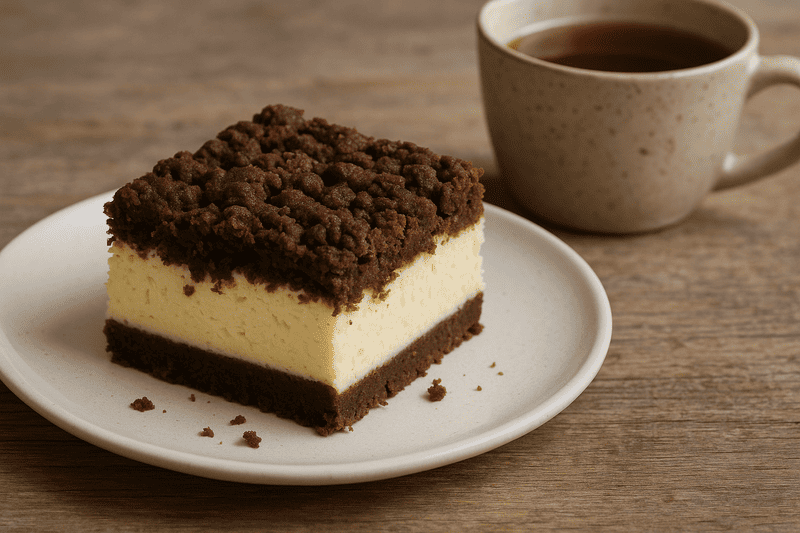 Bezglutenowy sernik królewski z kakaowym spodem i kruszonką, podany nieidealnie na talerzyku przy filiżance herbaty, na drewnianym stole w domowym wnętrzu.
