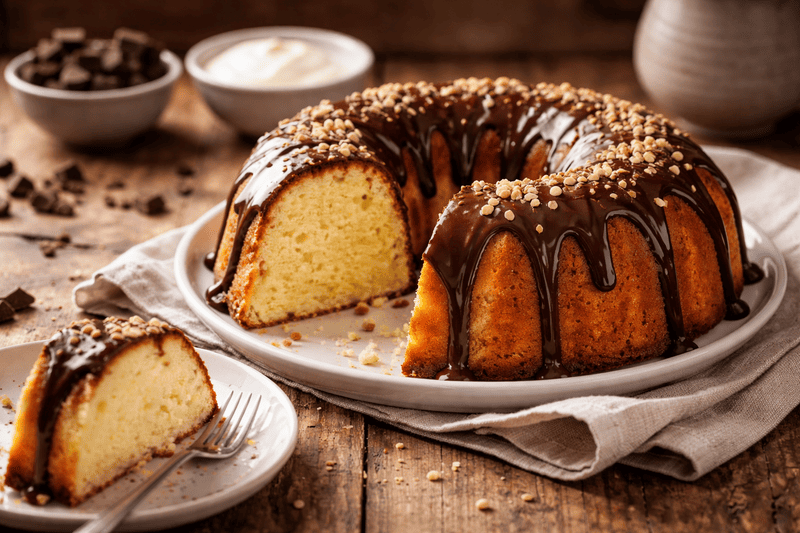 babka jogurtowa (1) (1) Bezglutenowa babka jogurtowa z polewą czekoladową, przekrojona i podana na talerzu w domowym otoczeniu, wilgotna babka bez glutenu w poziomym kadrze