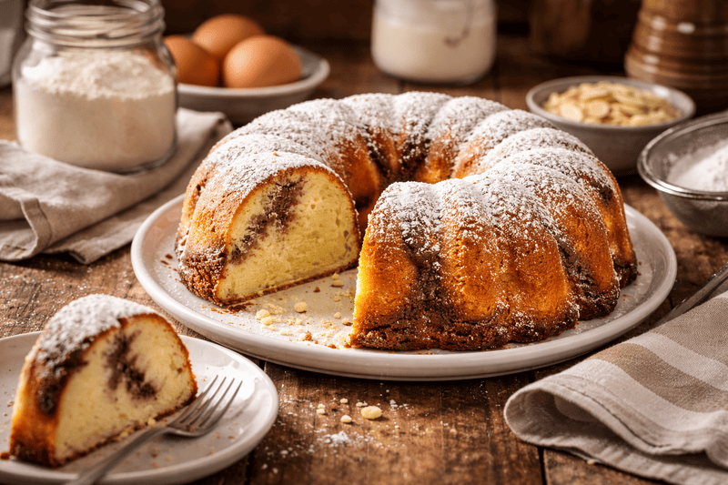 Bezglutenowa babka piaskowa na kuchennym blacie, domowy wypiek w klasycznej formie, puszysta babka bez glutenu w poziomym kadrze