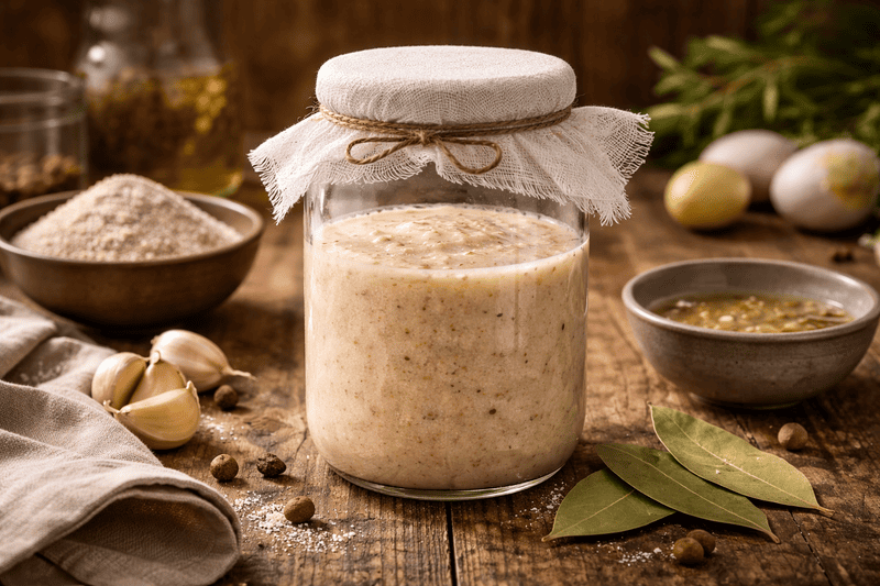 zakwas (1) (1) Domowy bezglutenowy zakwas na żurek w szklanym słoiku, otoczony mąką gryczaną, czosnkiem i przyprawami, przygotowany na wielkanocny żurek