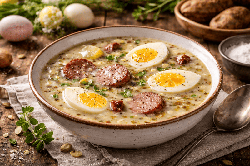 żurek (1) (1) Tradycyjny żurek bez glutenu z jajkiem na twardo, kiełbasą i świeżymi ziołami.