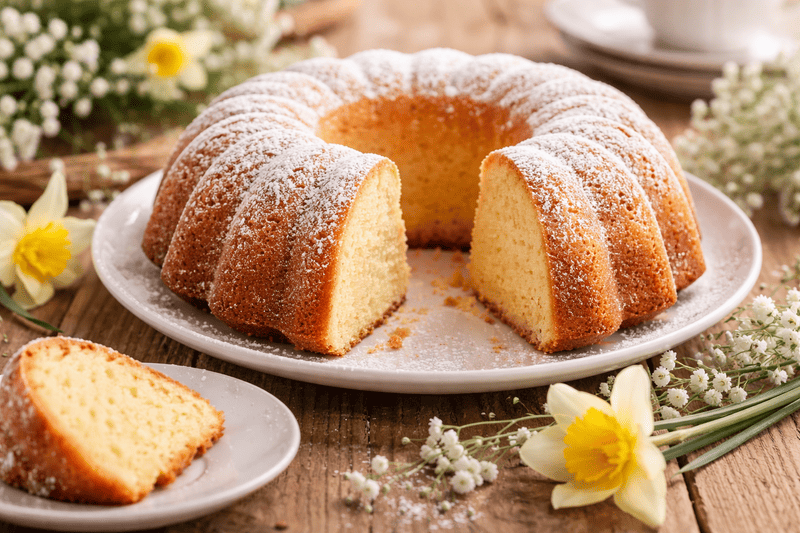 babka majonezowa Bezglutenowa babka majonezowa posypana cukrem pudrem na talerzu, wiosenne domowe otoczenie, wilgotny i puszysty wypiek.