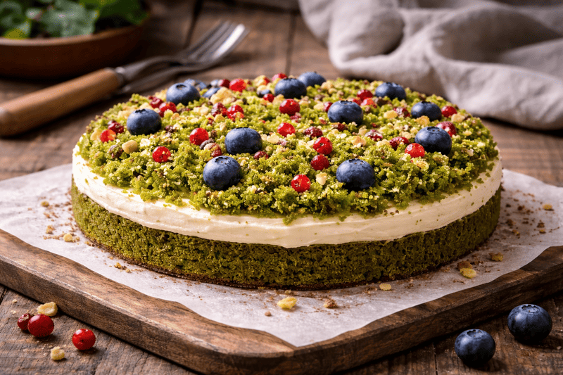 leśny mech bezglutenowy leśny mech – zielone ciasto szpinakowe z kremem i owocami na wierzchu