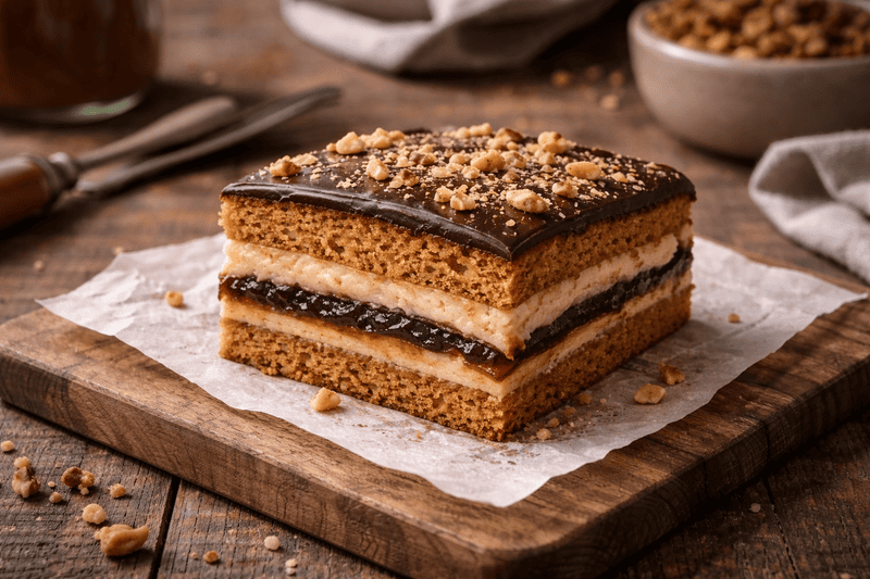 miodownik bezglutenowy miodownik – warstwowe ciasto miodowe z kremem budyniowym i powidłami