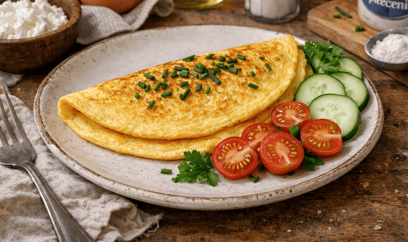 zdjęcie omleta z serkiem wiejskim bez mąki w domowym otoczeniu z warzywami