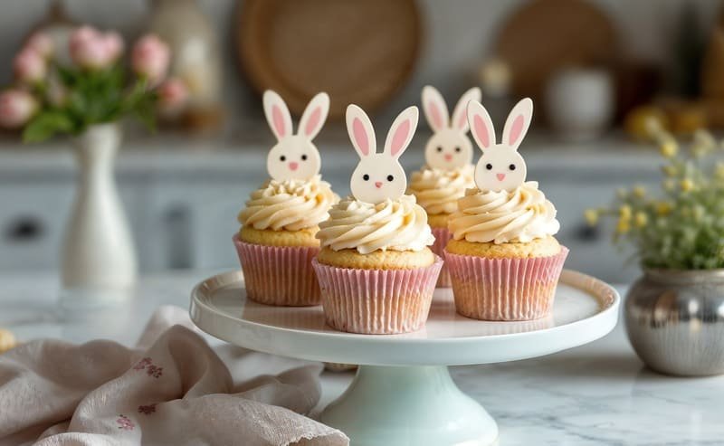 Bezglutenowe ciasta wielkanocne – co upiec Bezglutenowe babeczki wielkanocne z kremem i dekoracją króliczków, podane na paterze w jasnym, domowym otoczeniu