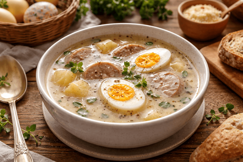 barszcz biały Bezglutenowy barszcz biały z białą kiełbasą, jajkiem i ziemniakami podany w misce na drewnianym stole, w domowym, wielkanocnym otoczeniu