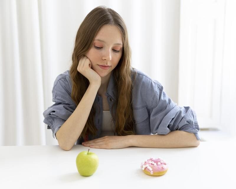 Kobieta wybierająca między jabłkiem a pączkiem – decyzje żywieniowe na diecie bezglutenowej