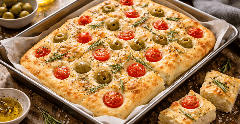 foccia Bezglutenowa focaccia z oliwą, oliwkami, rozmarynem i pomidorkami koktajlowymi, świeżo upieczona na blaszce w domowym, naturalnym otoczeniu