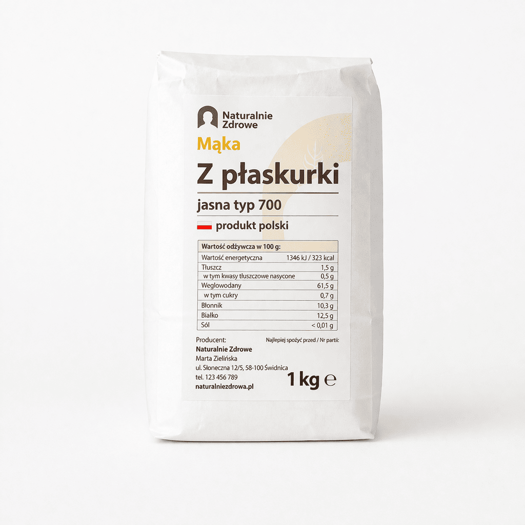 płaskurka opakowanie mąki z płaskurki na jasnym tle