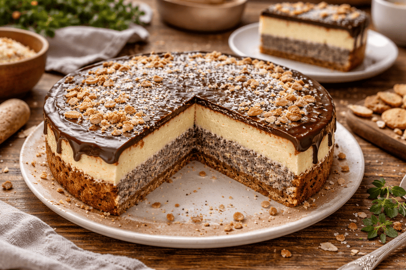 seromakowiec Bezglutenowy seromakowiec z polewą czekoladową, warstwą makową i serową, podany na talerzu w rustykalnym, domowym stylu
