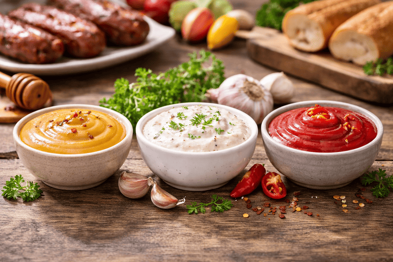 Trzy sosy do grilla – miodowo-musztardowy, czosnkowy i ketchupowo-chili – podane w estetycznych miseczkach na drewnianym stole na zewnątrz, w tle grillowane kiełbasy, pieczywo i warzywa.