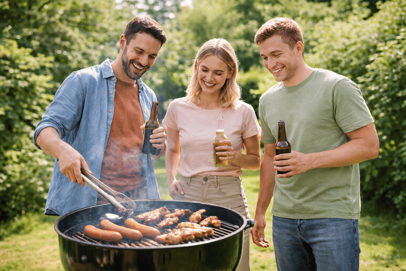 Trzy osoby stojące przy grillu w ogrodzie, grillujące kiełbaski i skrzydełka z kurczaka, uśmiechnięte i trzymające napoje, w słonecznym, domowym otoczeniu.