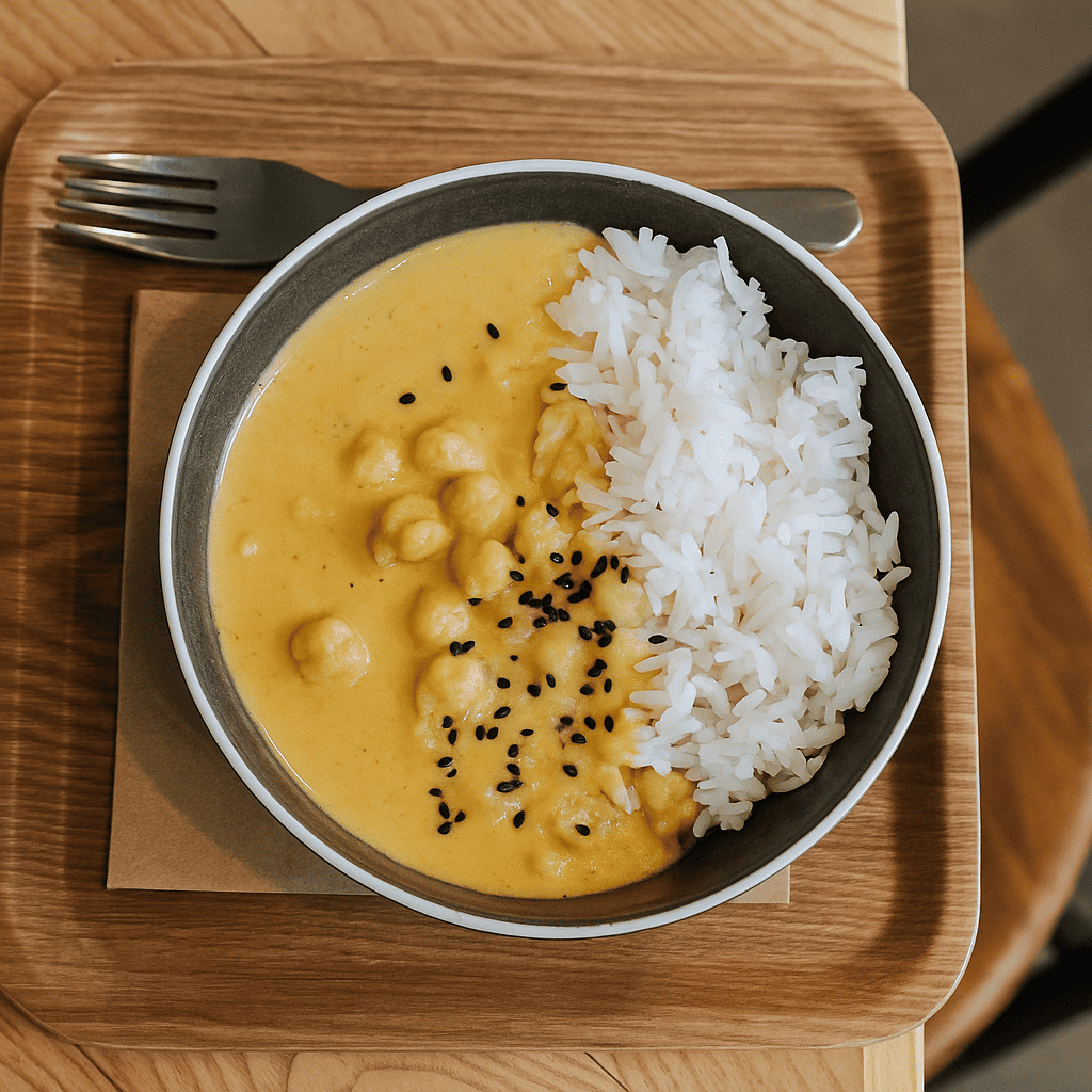 zdjęcie żółtego curry podanego z ryżem i cieciorką w okrągłej misce na tle drewnianegj tacy