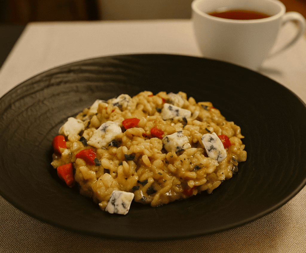 zdjęcie risotto z serem pleśniowym i pomidorami podanego w głębokim ciemnym talerzu