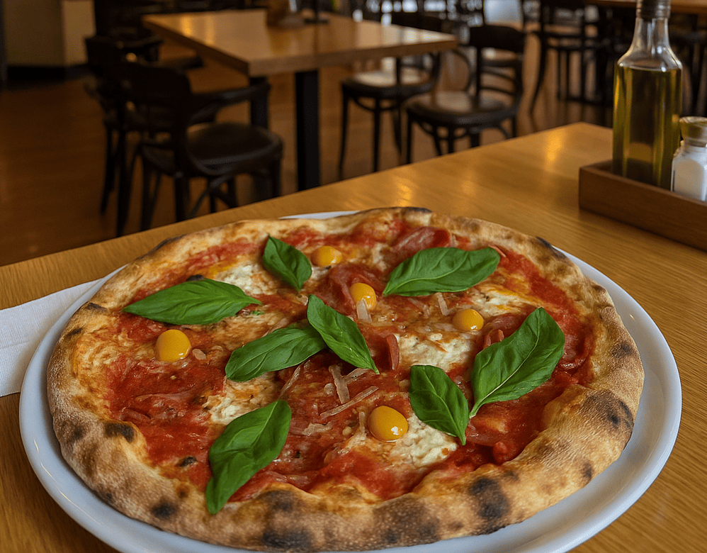 zdjęcie pizzy z bazylią, sosem pomidorowym i wypieczonymi brzegami w pizzerii na stole