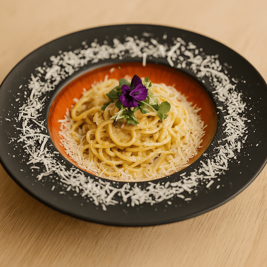 zdjęcie makaronu spaghetti z dużą ilością sera i kremowego sosu podane na ciemnym talerzu