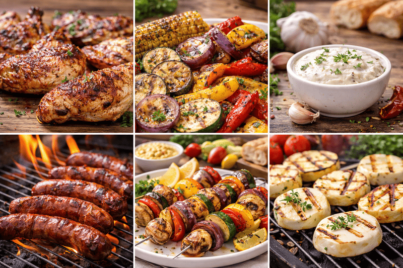 Co na grilla bez glutenu? Konkretne pomysły Kolaż sześciu zdjęć z grilla: grillowane skrzydełka z kurczaka, warzywa z grilla, sos w miseczce, kiełbasa na ruszcie, dodatki do grilla oraz grillowane sery, podane w apetycznym stylu.