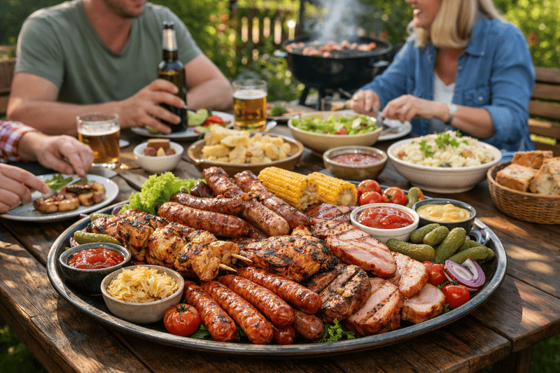 Duży talerz z różnymi grillowanymi wędlinami (kiełbasy, boczek, mięso) i dodatkami, podany na drewnianym stole w ogrodzie, przy którym siedzą ludzie jedzący i pijący napoje, z widocznym grillem w tle.
