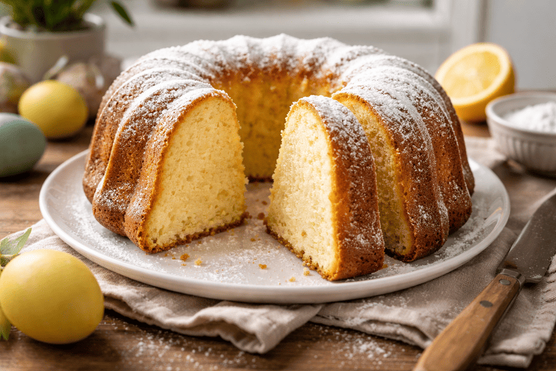 Bezglutenowa babka piaskowa z mąki ziemniaczanej oprószona cukrem pudrem, przekrojona na kawałki, podana na talerzu w domowym otoczeniu z cytryną w tle