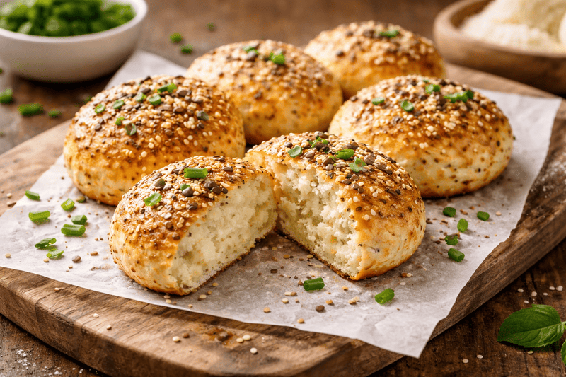 Bułki z serka wiejskiego bez mąki, złociste i chrupiące, posypane ziarnami i szczypiorkiem, podane na drewnianej desce w domowym otoczeniu
