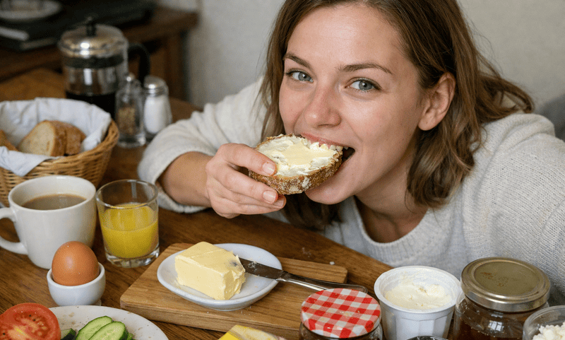 mąka z samopszy Kobieta siedzi przy stole śniadaniowym i je kromkę chleba z masłem. Na stole wokół niej znajdują się typowe produkty śniadaniowe: kawa, sok pomarańczowy, jajko, ogórek, pomidor, wędlina, dżem, twarożek i kostka masła. Zdjęcie ma naturalny, realistyczny charakter, jak wykonane telefonem.