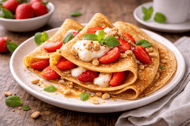 Naleśniki bez mąki i mleka, cienkie i delikatne, podane z truskawkami, kremowym jogurtem i orzechami, ułożone na talerzu w domowym otoczeniu, zdjęcie z oddalenia