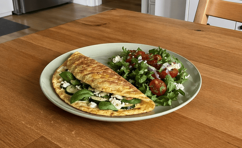 Puszysty omlet bez mąki z warzywami i bazylią, podany na talerzu w domowych warunkach, naturalne światło