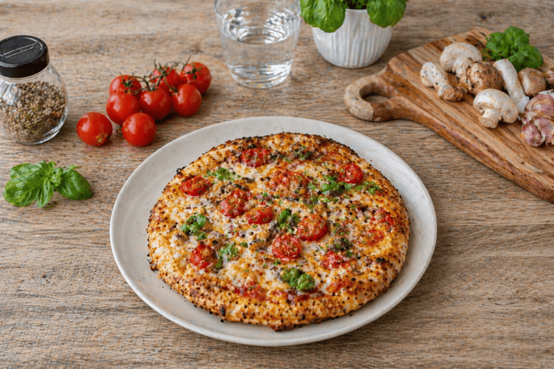 Pizza z serka wiejskiego bez mąki, złocisty i lekko przypieczony spód, z dodatkiem mozzarelli, pomidorków i ziół, podana w domowym otoczeniu, zdjęcie z oddalenia