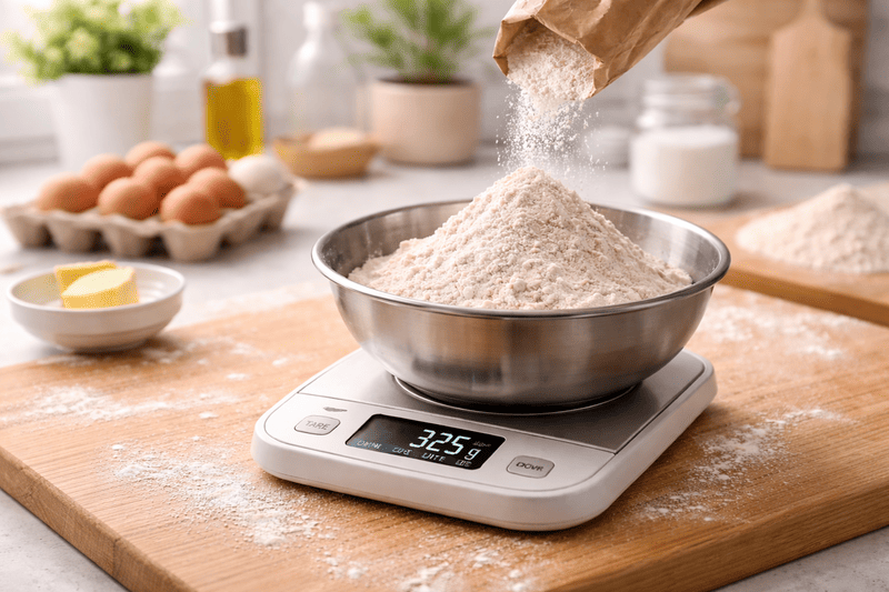 Poziome zdjęcie przedstawiające kuchenną wagę elektroniczną stojącą na drewnianym blacie. Na wadze znajduje się metalowa miska wypełniona mąką usypaną z lekką górką. Z góry, z papierowego opakowania, dosypywana jest dodatkowa mąka, która opada w postaci drobnego strumienia. W tle widoczne są rozmyte elementy kuchni, takie jak jajka, oliwa i inne składniki, tworzące ciepłą, domową atmosferę.