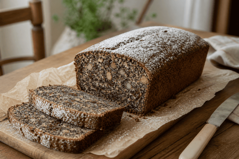 Domowy makowiec bez mąki w formie keksu, pokrojony na plastry, z widocznym makiem, orzechami i bakaliami, oprószony cukrem pudrem, na drewnianej desce w naturalnym świetle