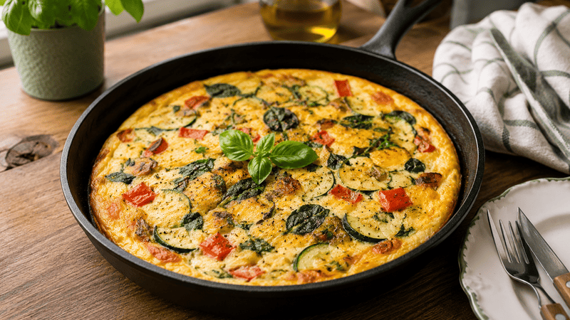 Domowa frittata bez glutenu przygotowana z warzywami i mozzarellą