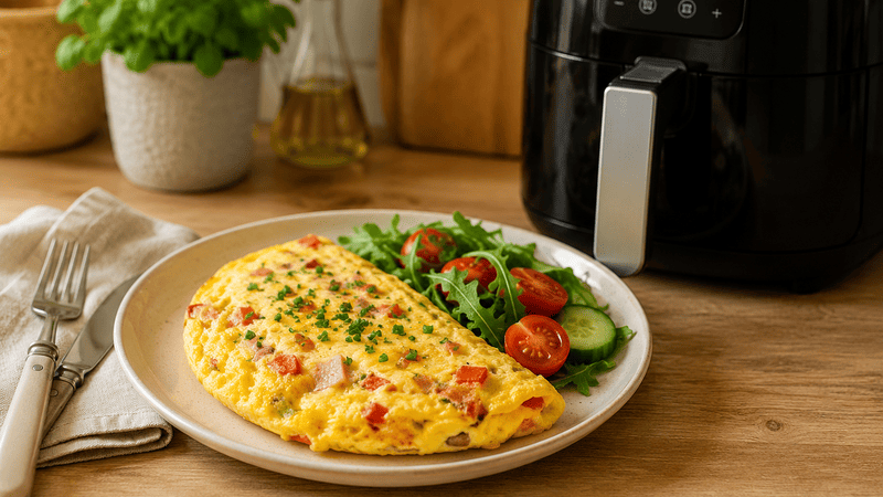 Bezglutenowy omlet z air fryera podany na talerzu z dodatkami