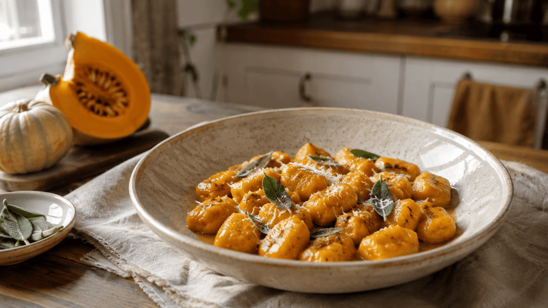 Bezglutenowe gnocchi dyniowe z palonym masłem, szałwią i tartym serem
