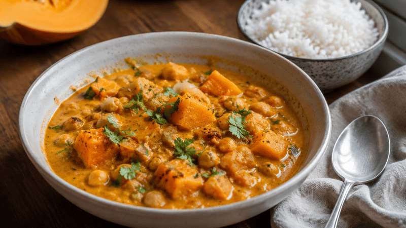 wege curry Wegetariańskie curry z dynią i ciecierzycą podane z ryżem